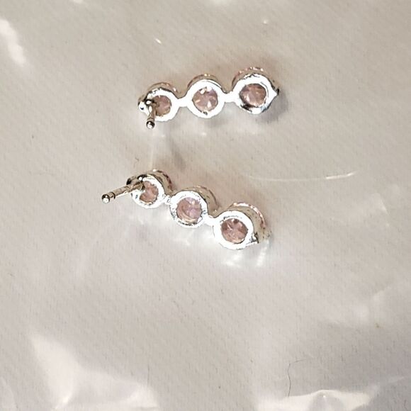 Pink Topaz Trilogy setting Pierced Earrings - Picture 3 of 6